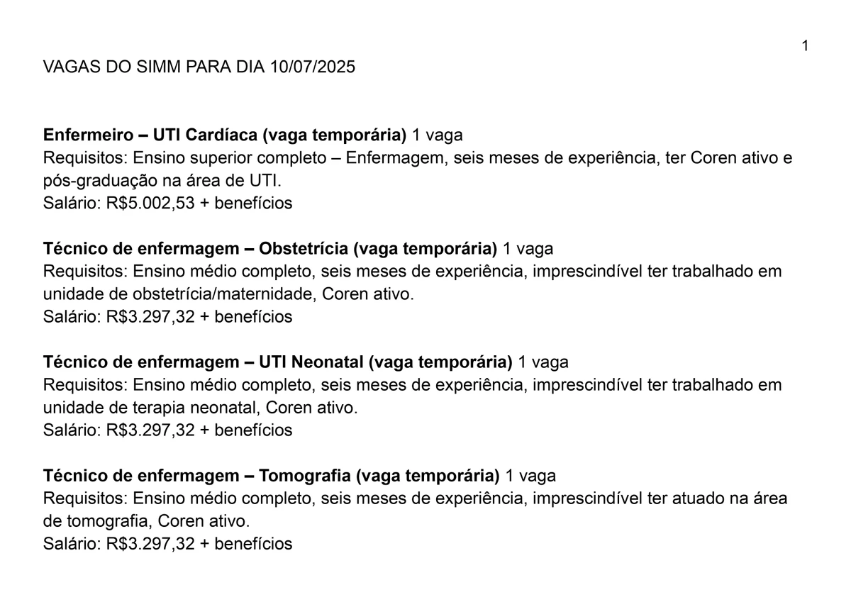 Vagas SIMM para esta quinta-feira (10) por Reprodução