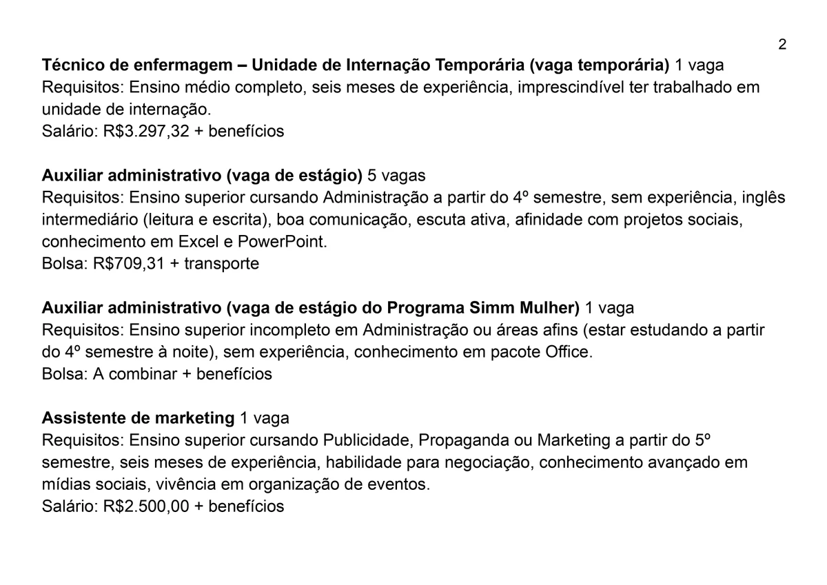 Vagas SIMM para esta quinta-feira (10) por Reprodução