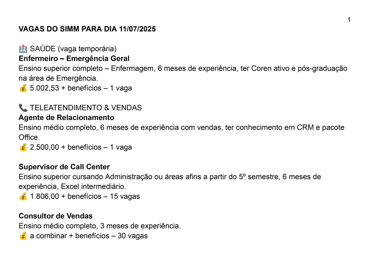 Vagas do SIMM para esta sexta-feira (11) por Reprodução