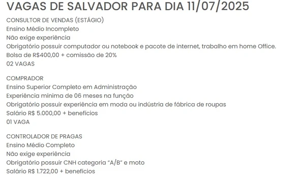 Vagas do Sinebahia para esta sexta-feira (11) por Reprodução
