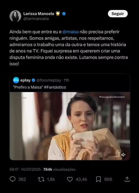Larissa Manoela rebate piada do 'Fantástico' e Maísa sai em defesa por Reprodução/X