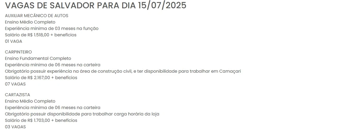 Vagas do SineBahia para esta terça-feira (15) por Reprodução