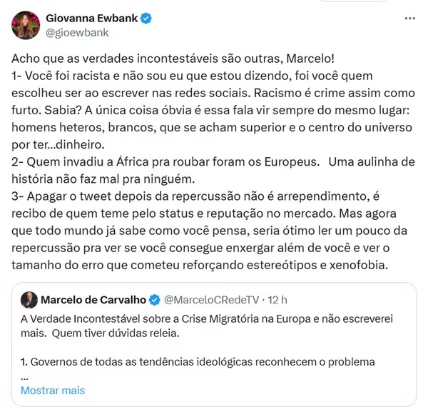 Giovanna Ewbank critica fala de Marcelo de Carvalho  por Reprodução/X