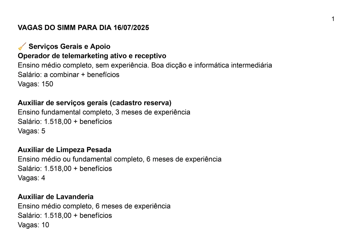 Vagas para esta quarta-feira (16) por Reprodução