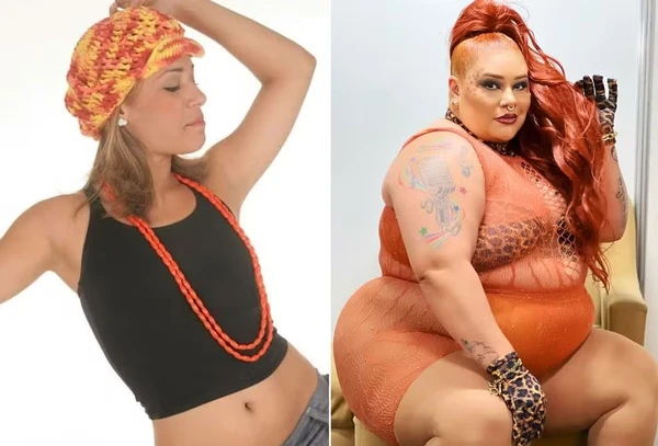 Aila Menezes antes e depois de ganhar peso por Reprodução/Redes Sociais 