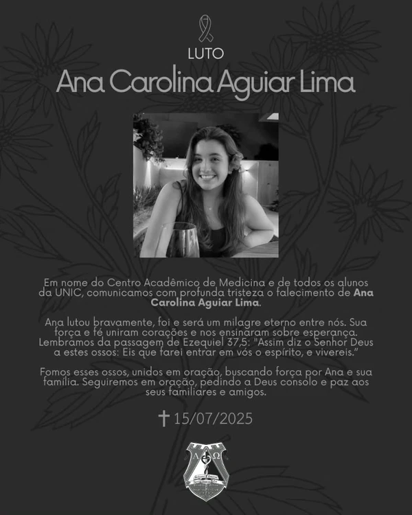 Centro Acadêmico de medicina lamentou a morte de Ana Carolina por Reprodução