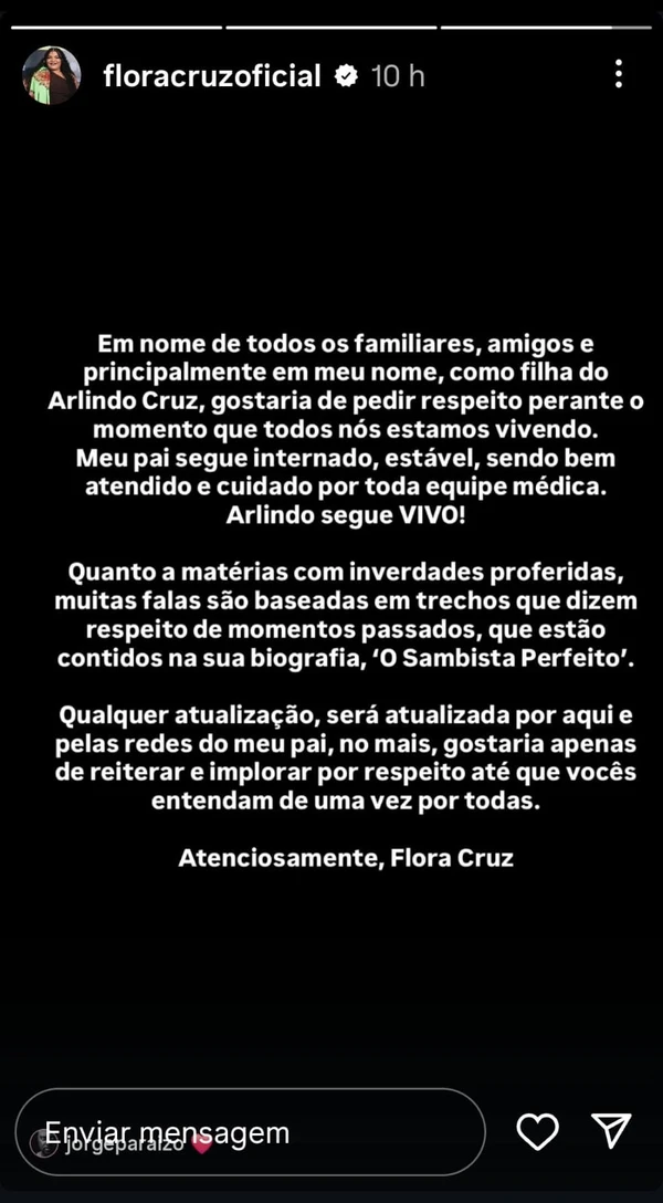 Filha de Arlindo Cruz desabafa sobre abandono e pede respeito
