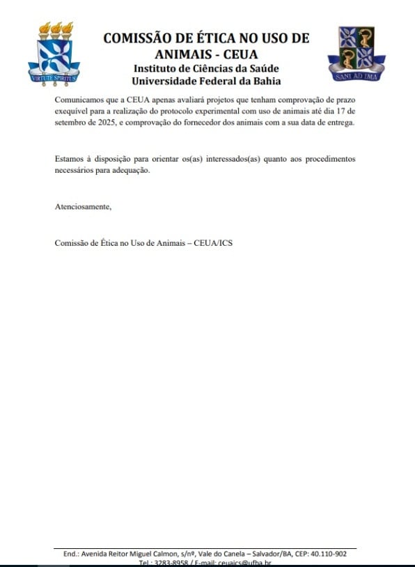 Comunicado enviado pela Comissão de Ética no Uso de Animais da Ufba por Reprodução