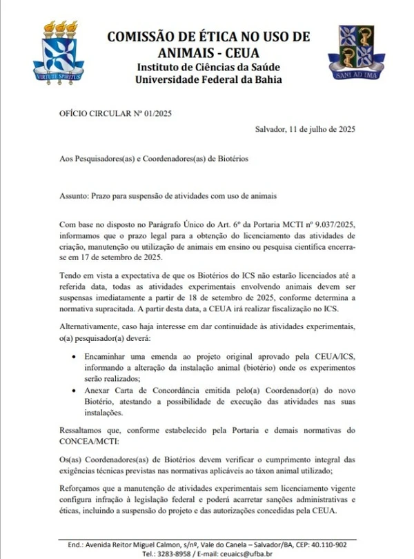 Comunicado enviado pela Comissão de Ética no Uso de Animais da Ufba por Reprodução