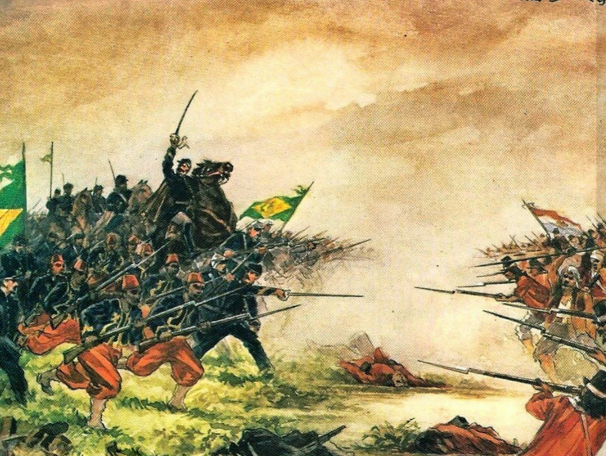 Gravura retrata o pelotão e as elegantes fardas dos Zuavos Baianos, formados por mestiços e negros que lutaram na Guerra do Paraguai