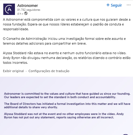 Nota traduzida compartilhada no LinkedIn da Astronomer