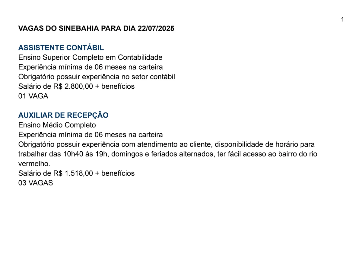 Veja vagas para 22/07 por Reprodução