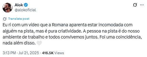 Alok se pronuncia após internauta acusar Romana de ter crise de ciúmes em show