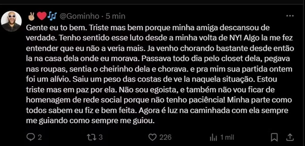 Gominho usou as redes sociais para desabafar sobre a morte de sua amiga, Preta Gil  por Reprodução 
