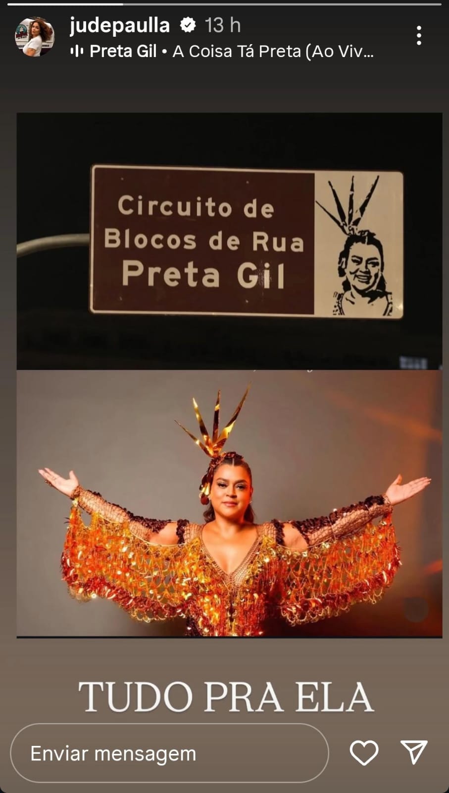 Ju de Paulla publica sobre placas com nome de Preta Gil instaladas no Rio  por Reprodução/Redes Sociais