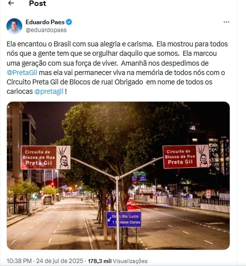 Prefeito do Rio, Eduardo Paes em post sobre as placas instaladas em homenagem a Preta Gil por Reprodução/X
