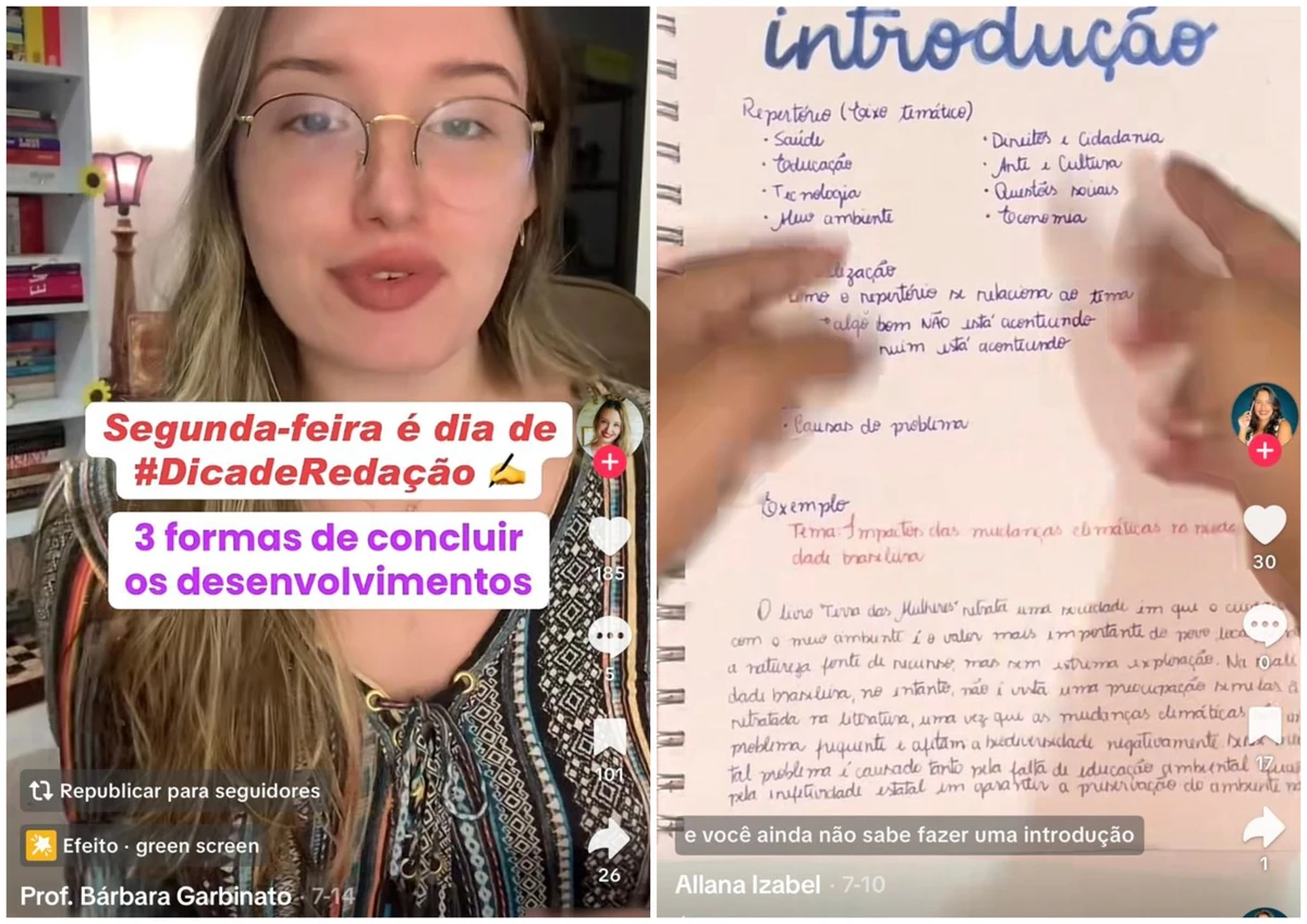 Professores como Bárbara Garbinato e Allana Izabel dão orientações de Redação no TikTok