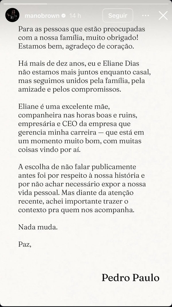 Mano Brown explica que ele e a esposa não são mais um casal por Reprodução / Instagram
