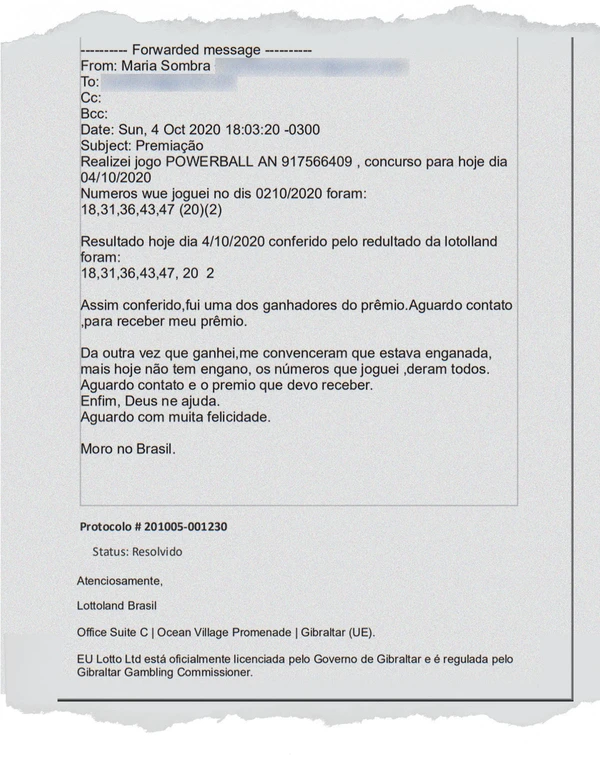 E-mail que Maria do Socorro enviou para bet Lottoland por Reprodução