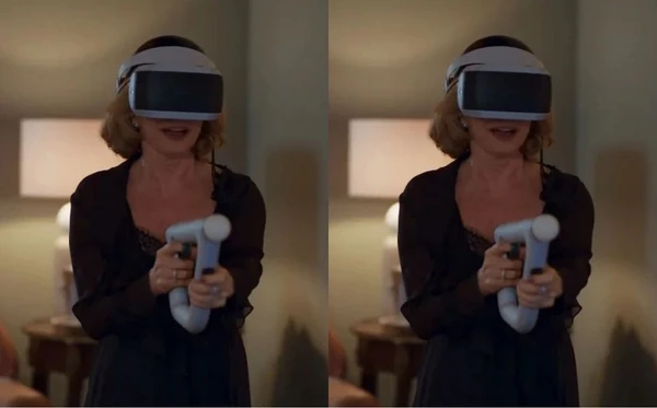  Odete Roitman joga videogame com óculos de realidade virtual.
