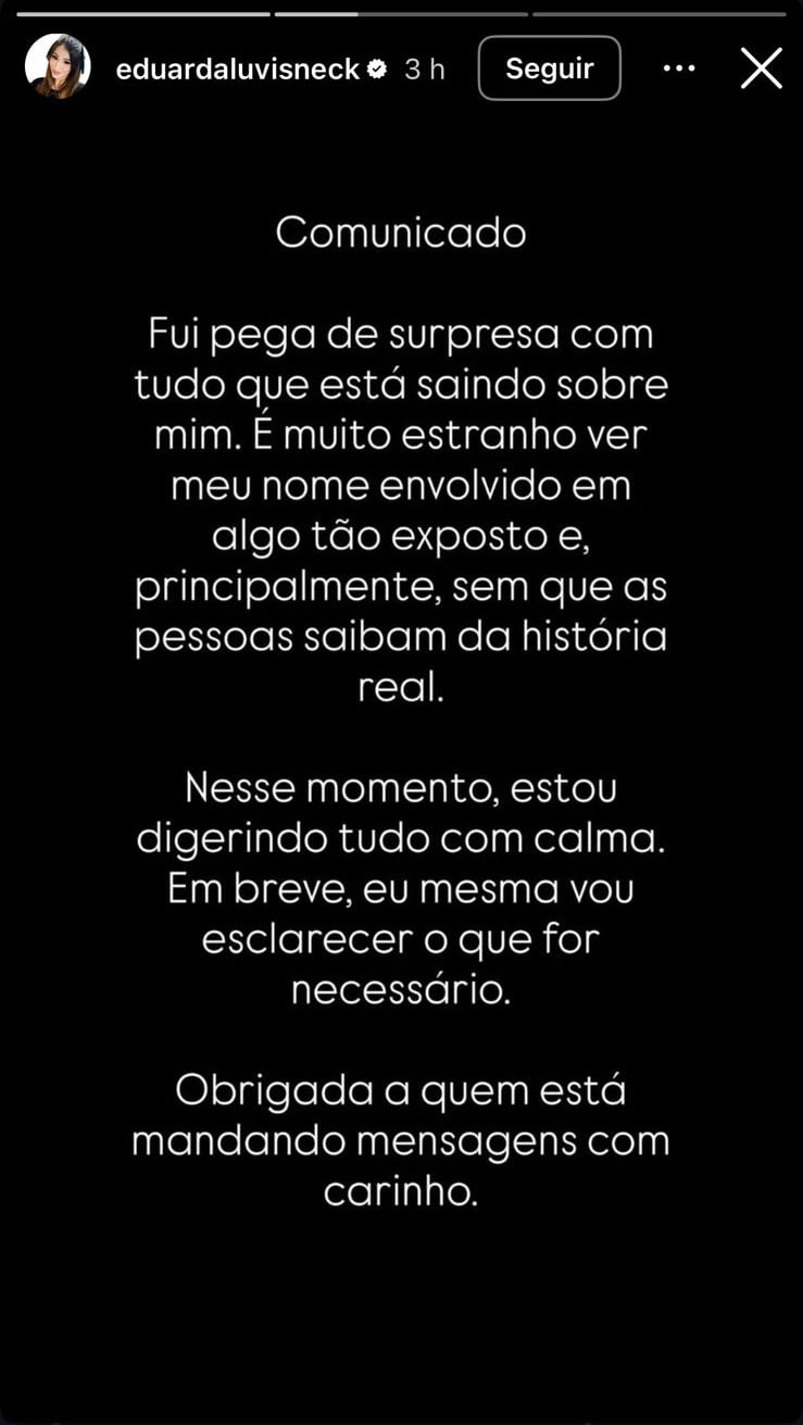 Comunicado de Eduarda Luvisneck por Reprodução / Instagram