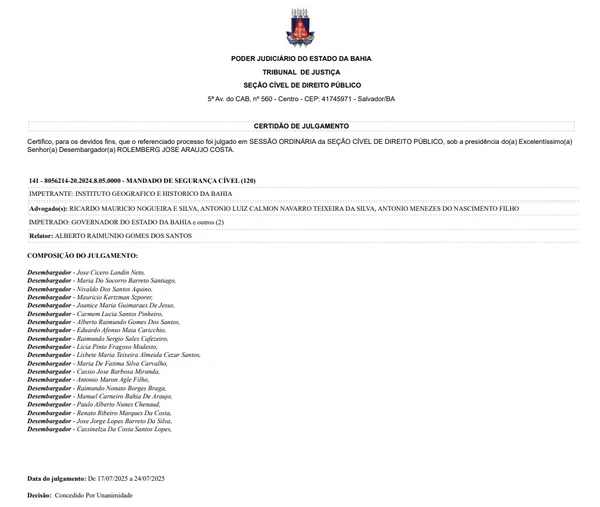 Decisão unânime dos desembargadores do TJ-BA por Reprodução