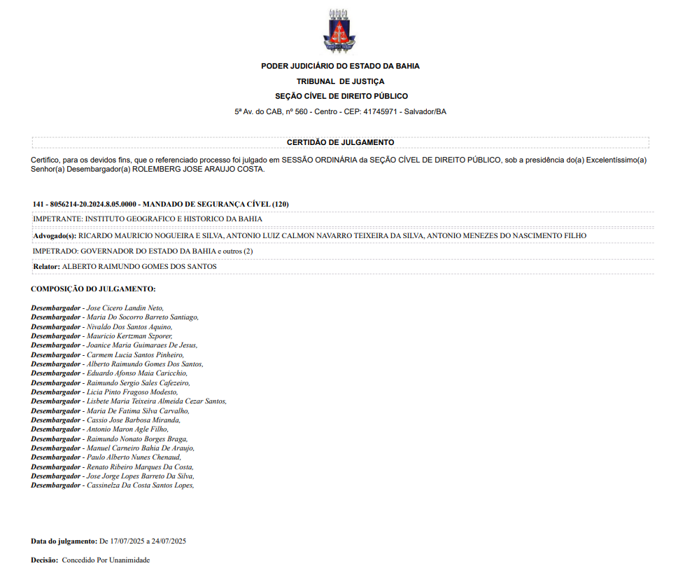 Decisão unânime dos desembargadores do TJ-BA em 2025 sobre corte de verbas por Reprodução