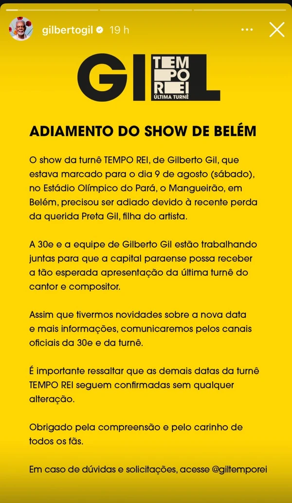 Comunicado sobre o adiamento do show em Belém da turnê de Gilberto Gil, 'Tempo Rei'