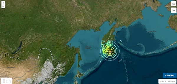 Imagem do Serviço Geológico dos Estados Unidos (USGS) mostra região atingida por terremoto no leste da Rússia