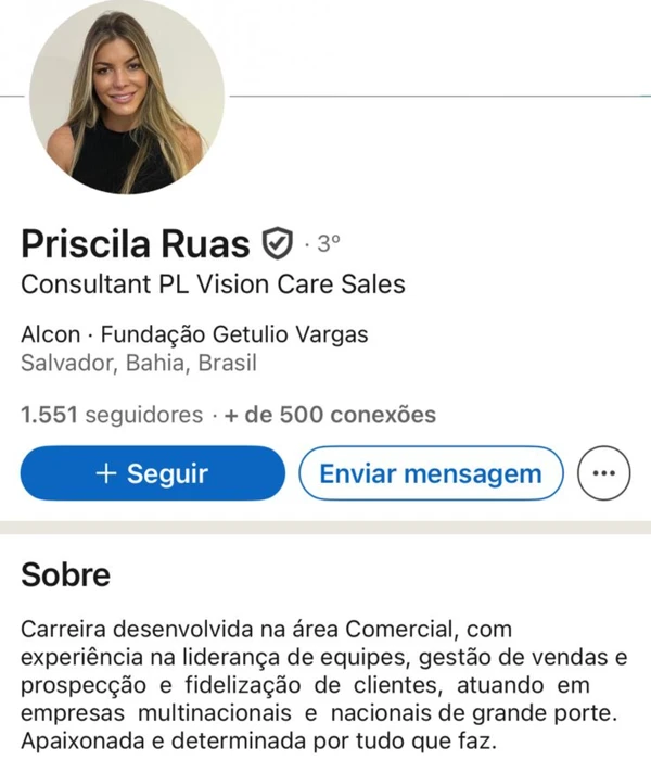 Perfil de Pri Ruas no LinkedIn por Reprodução/ Redes sociais