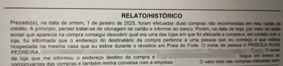 Trecho do boletim de ocorrência contra Priscila Ruas em denúncia de furto qualificado ao cartão de crédito de uma amiga em janeiro de 2025 por Reprodução