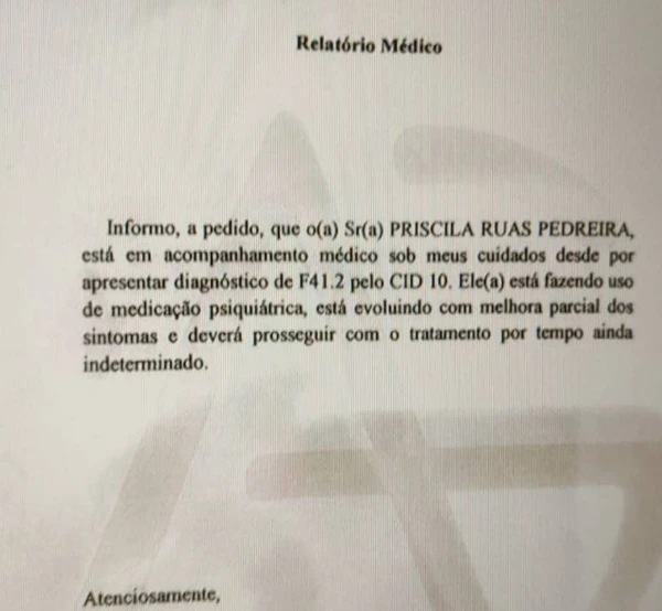 Um dos relatórios médicos entregues por Priscila Ruas após denúncia de furto qualificado ao cartão de crédito de uma amiga em janeiro de 2025 por Reprodução
