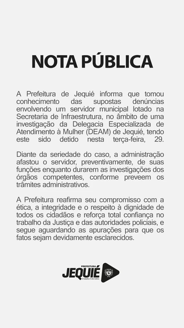 Nota de posicionamento da prefeitura de Jequié por Reprodução