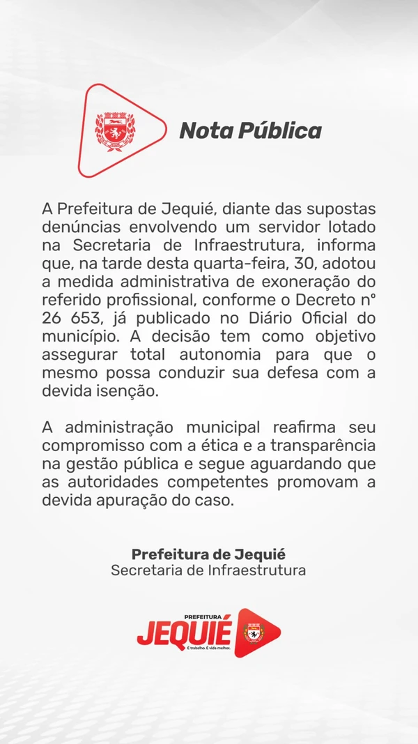 Nota de posicionamento da prefeitura de Jequié por Reprodução