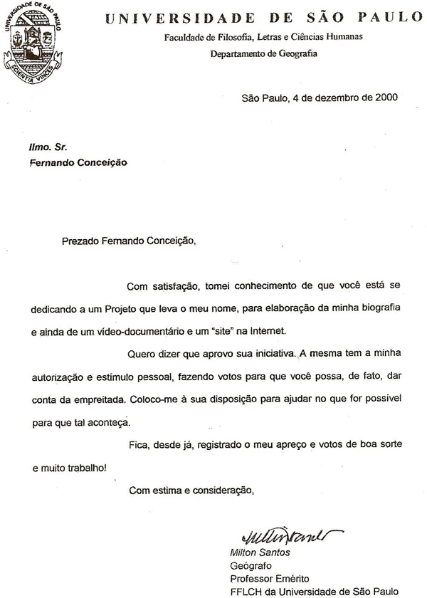 Autorização de Milton Santos para a biografia por Acervo Pessoal