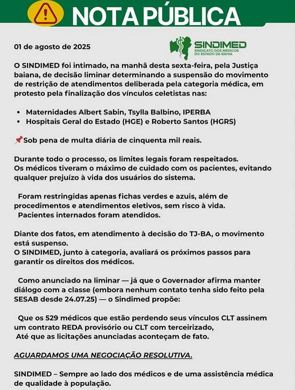 Médicos anunciam suspensão da greve