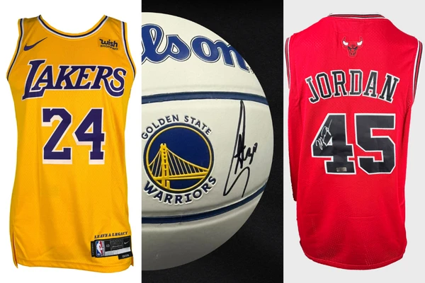 Camisas de Kobe Bryant e Michael Jordan e bola autografada por Setphen Curry