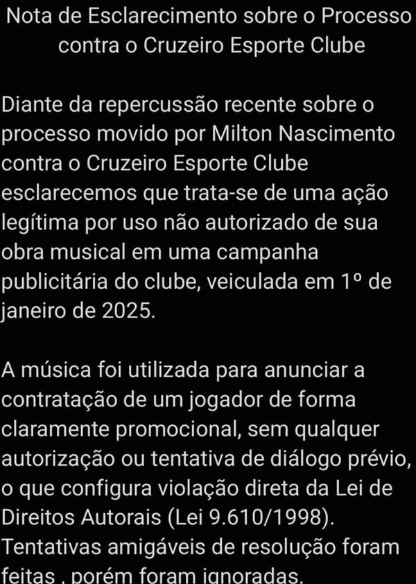 Milton Nascimento se pronuncia após processo contra o Cruzeiro por Reprodução