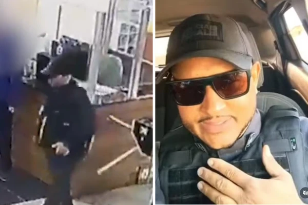 À direita, fugitivo vestido de policial; à direita, vítima do crime 