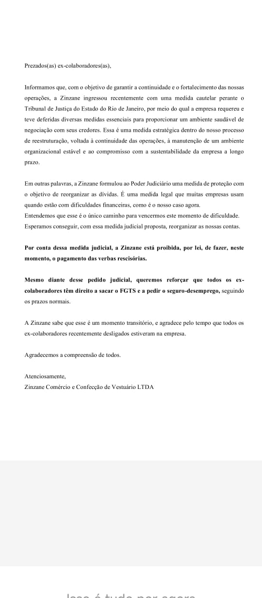 Comunicado enviado aos funcionários demitidos por Reprodução