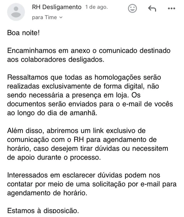 Comunicado enviado aos funcionários demitidos por Reprodução