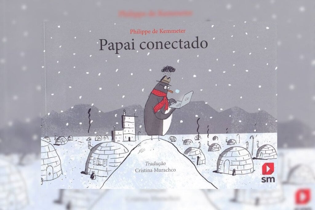 Em “Papai Conectado”, um pai pinguim vive imerso nas telas, mas a queda de conexão o faz redescobrir o valor da família (Imagem: Reprodução digital | Edições Sm)