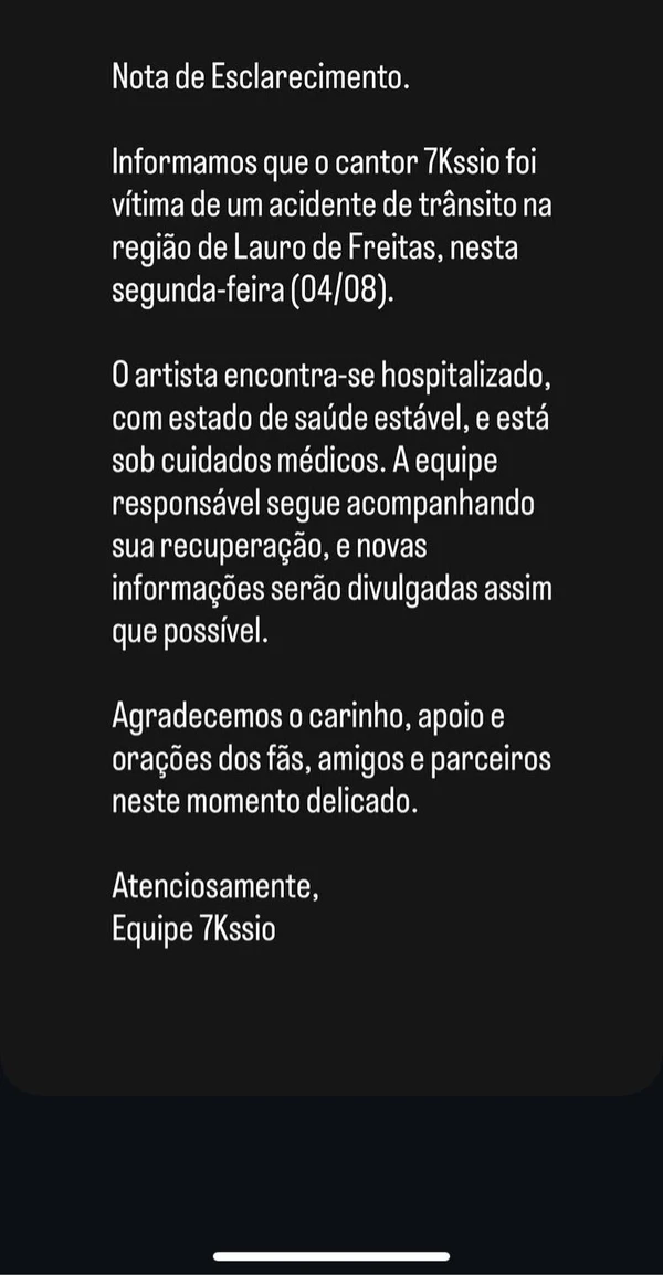Nota da equipe  por Reprodução / Redes sociais