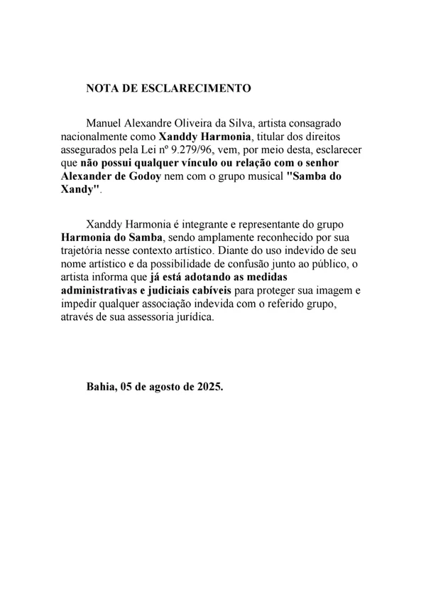 Nota de esclarecimento enviada pela assessoria de Xanddy Harmonia sobre o Samba do Xandy por Reprodução
