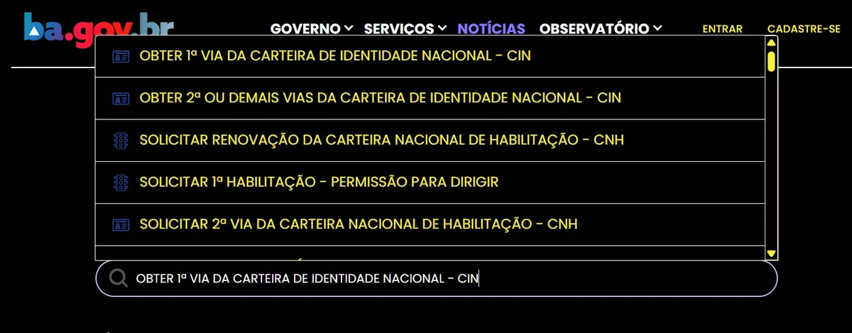 Buscar por OBTER 1ª VIA DA CARTEIRA DE IDENTIDADE NACIONAL - CIN por Captura de tela
