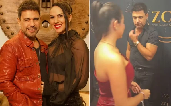 Zezé Di Camargo com Graciele e cantor dando 'conferida' em fã