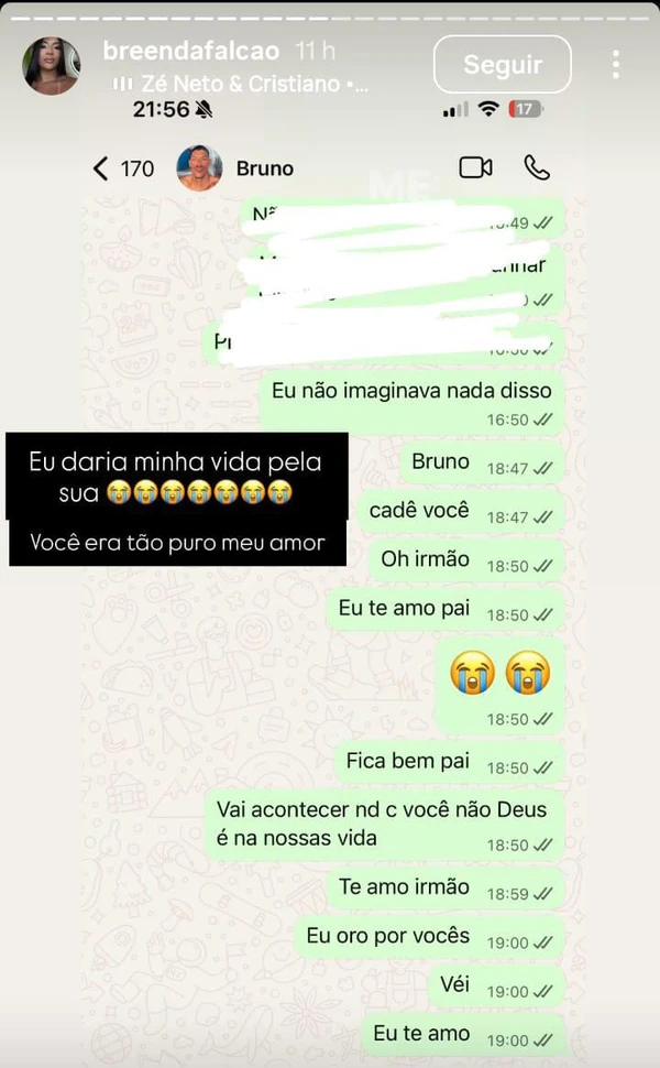 Brenda Falcão tentou falar com o irmão antes de ele ter sido morto