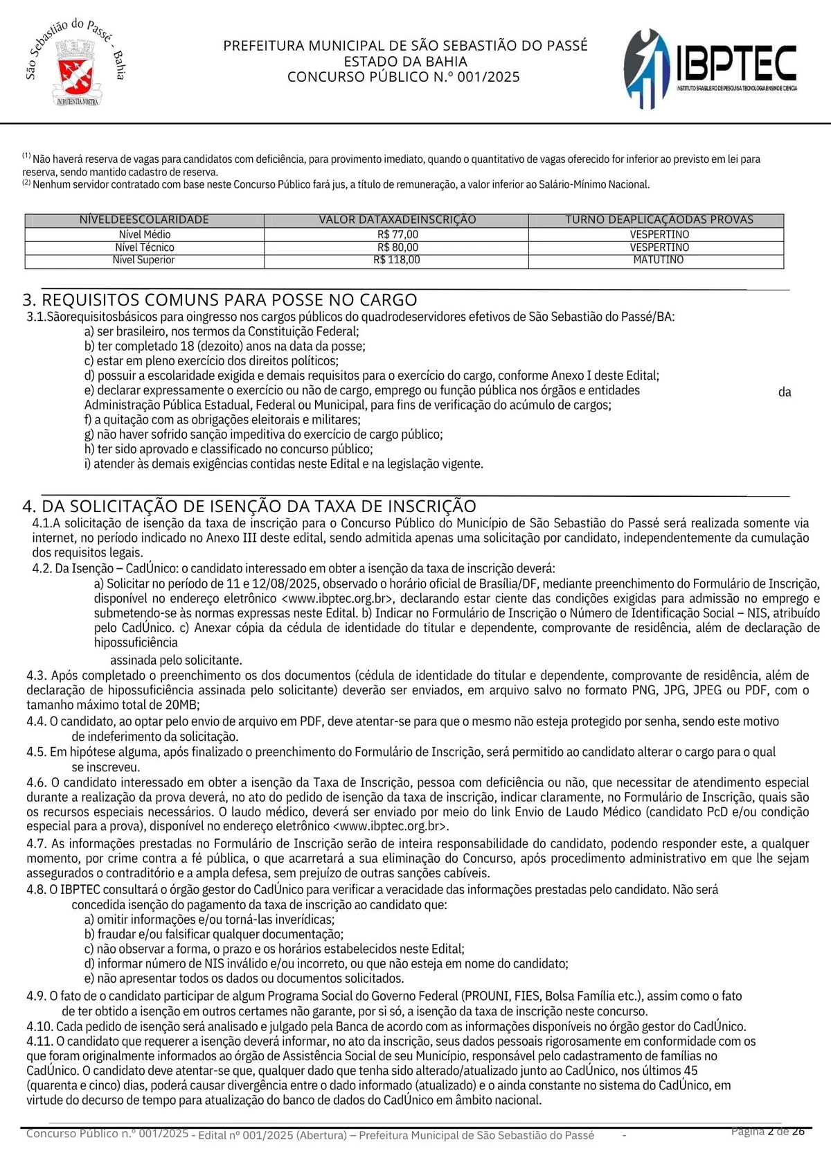 Edital de concurso público para a Prefeitura de São Sebastião do Passé por Divulgação