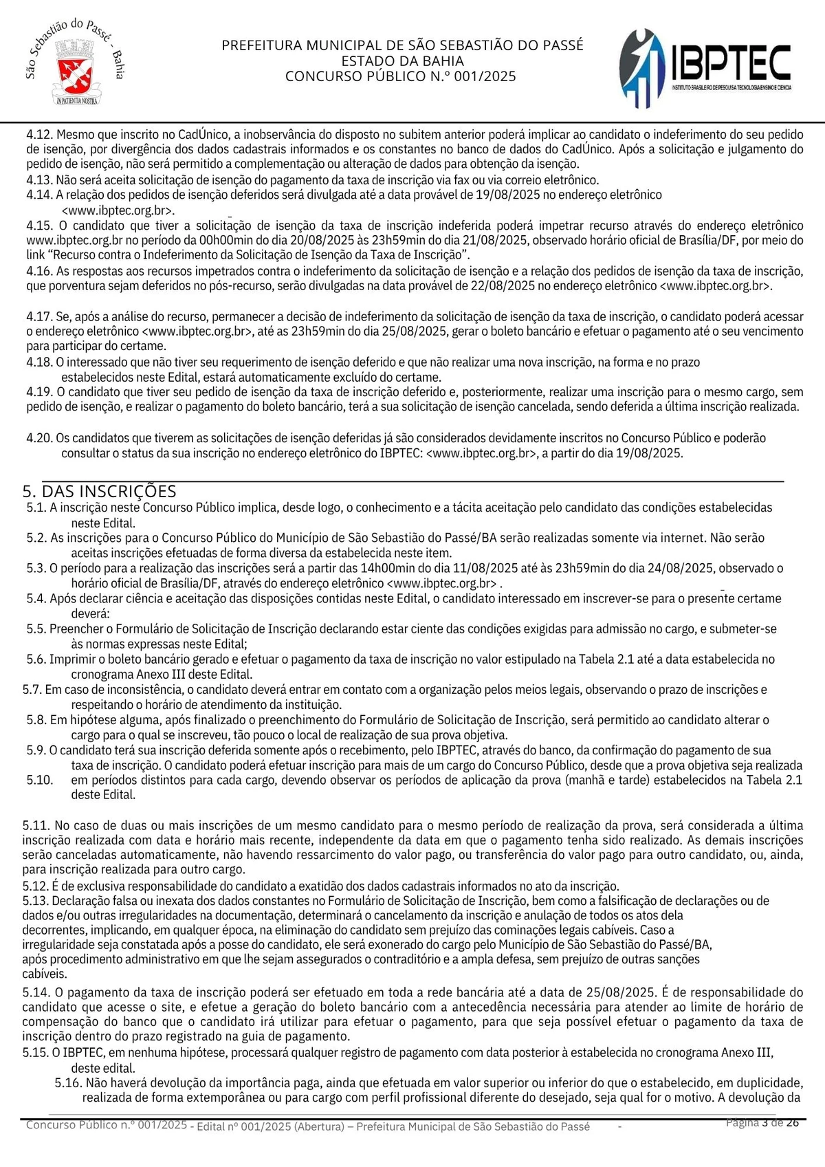 Edital de concurso público para a Prefeitura de São Sebastião do Passé por Divulgação