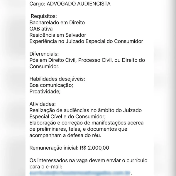 Escritório oferece R$ 2 mil para candidatos com experiência e diferencial de pós-graduação por Reprodução